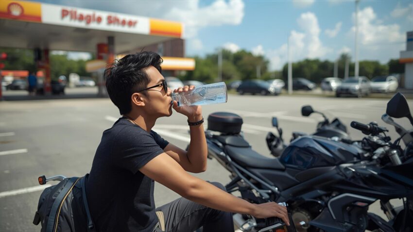 サービスエリアでバイクの横で水を飲む人