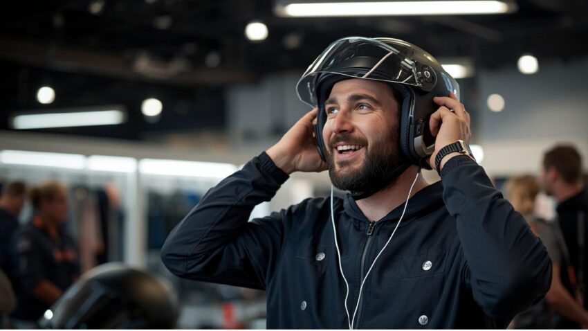 イヤホンをしてヘルメットを被る人