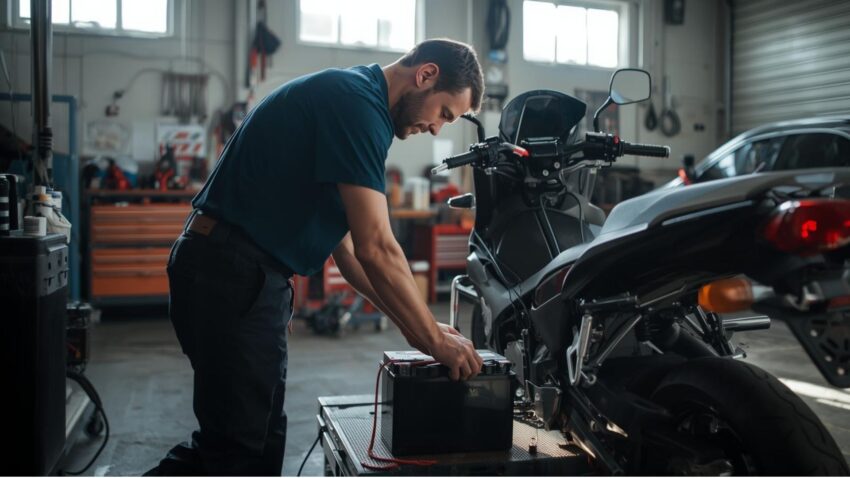 バイクのバッテリーを取り外す人