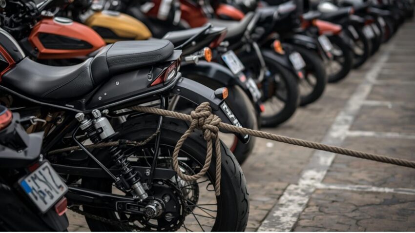 バイクに牽引用ロープをつけた状態