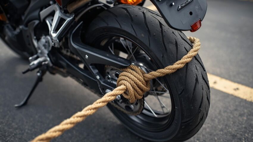 バイクのタイヤに牽引用のロープが絡まっている様子