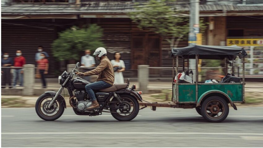 バイクにリアカーをつけて走っている人