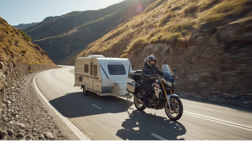 バイクにキャンピングリアカーをつけて走っている人