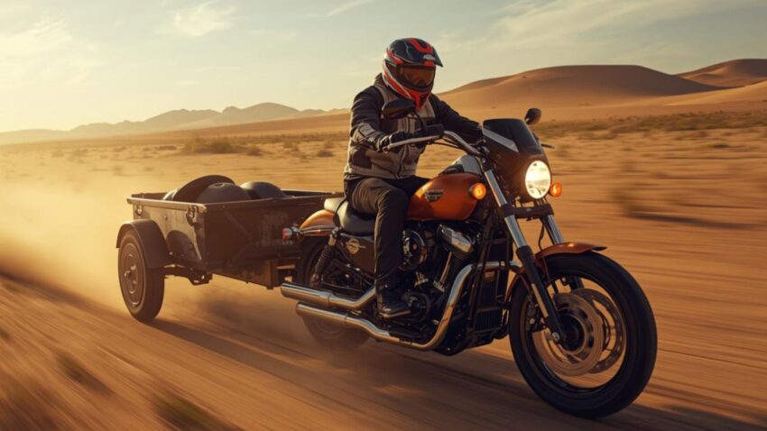 バイクにリアカーをつけて走る人